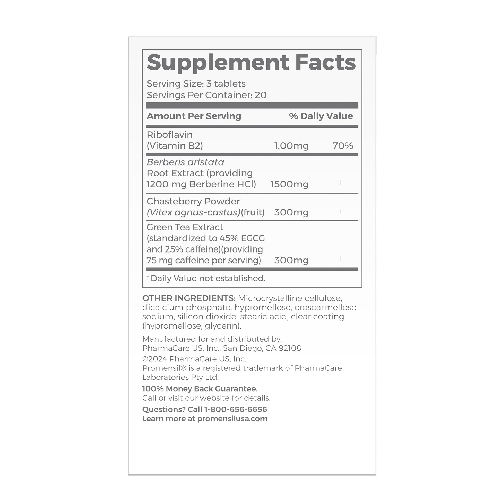 Supplement facts showing 1500mg berberine, green tea extract, and chasteberry per serving