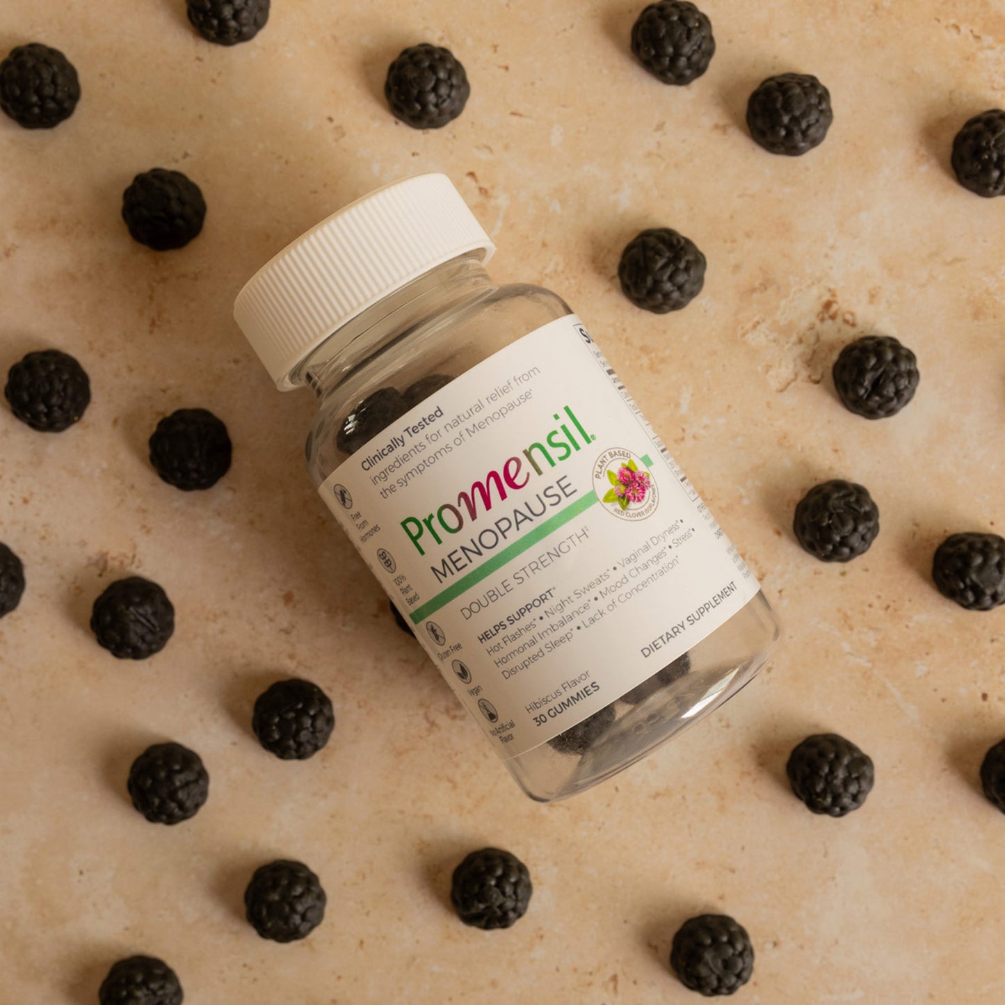 Promensil Menopause Double Strength Gummies bottle and gummies spread out