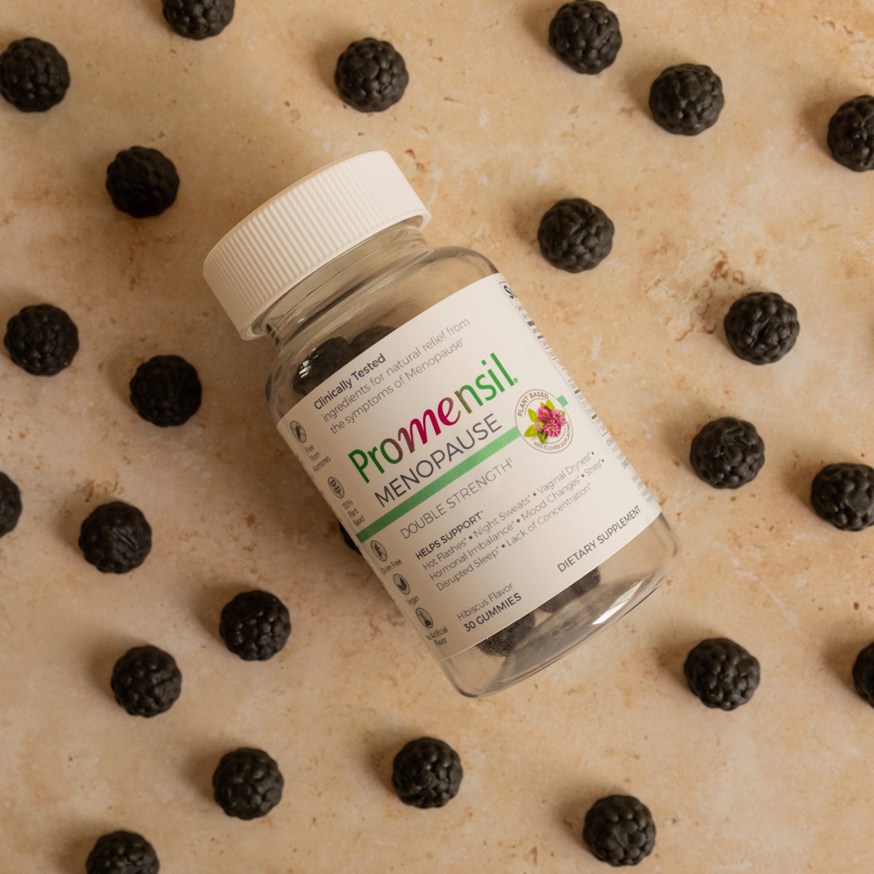 Promensil Menopause Double Strength Gummies bottle and gummies spread out