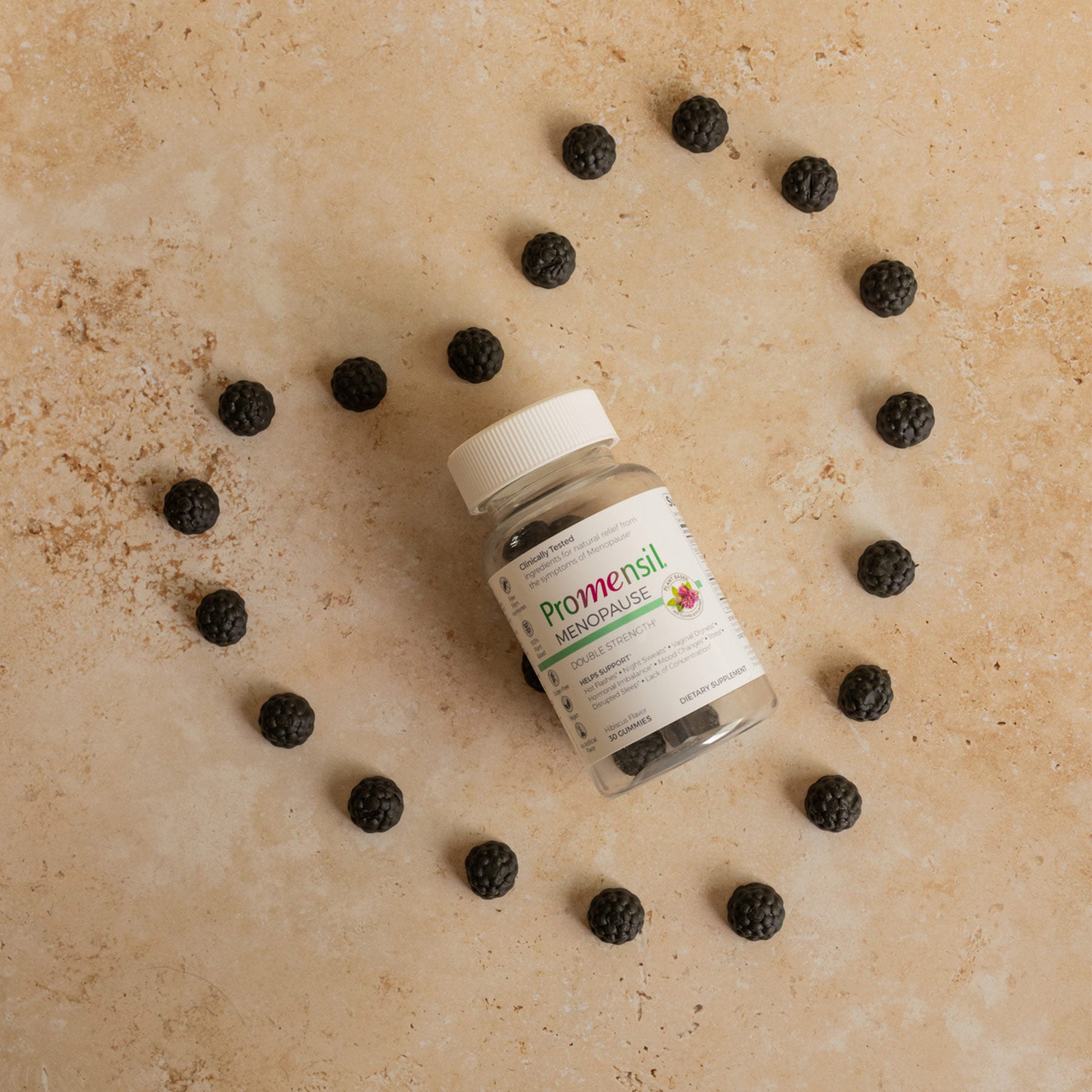 Promensil Menopause Double Strength Gummies bottle surrounded by heart shape of gummies