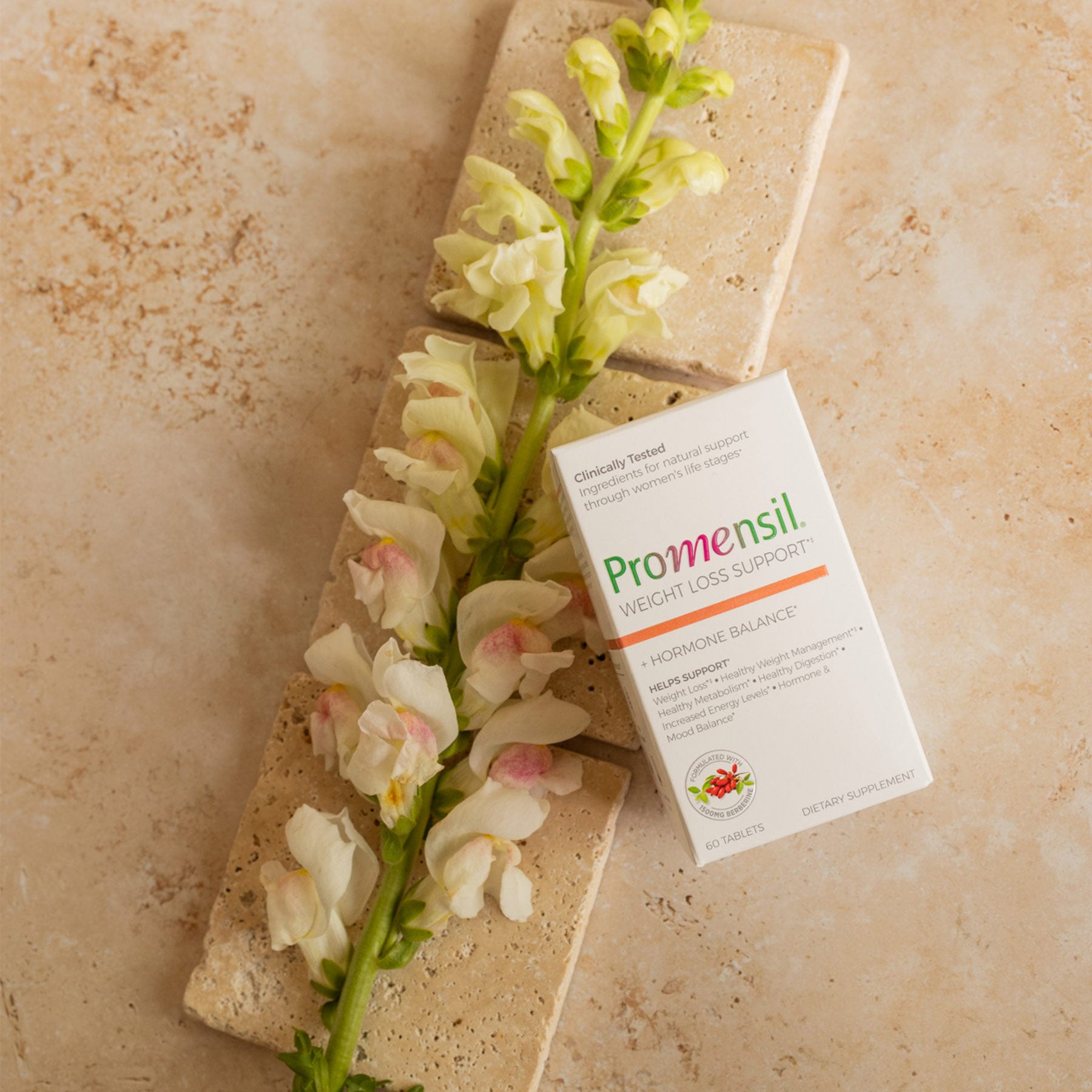 Promensil Weight Loss Support box on stone with flower